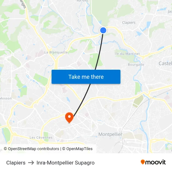 Clapiers to Inra-Montpellier Supagro map