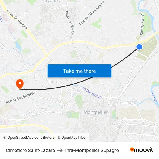 Cimetière Saint-Lazare to Inra-Montpellier Supagro map
