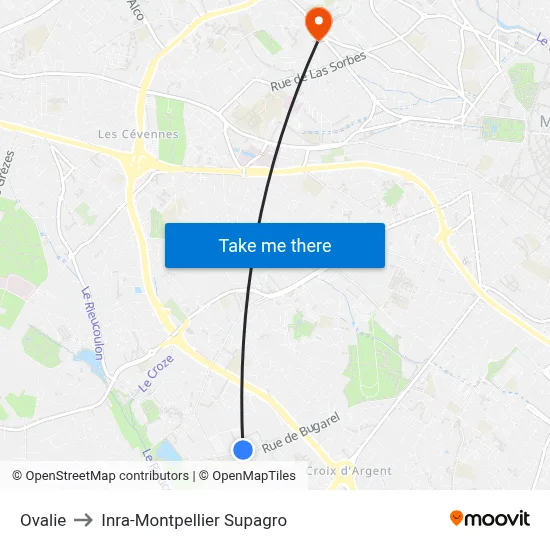 Ovalie to Inra-Montpellier Supagro map