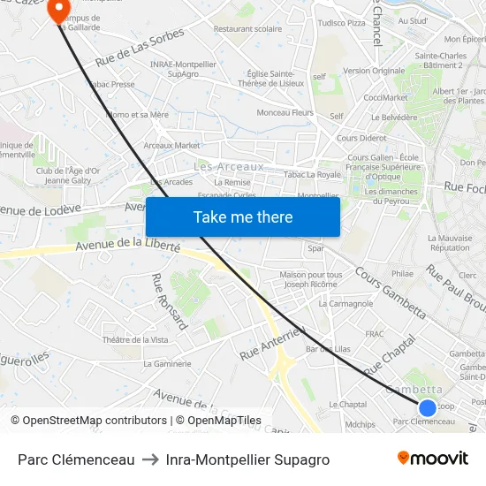 Parc Clémenceau to Inra-Montpellier Supagro map