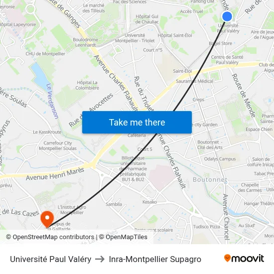 Université Paul Valéry to Inra-Montpellier Supagro map