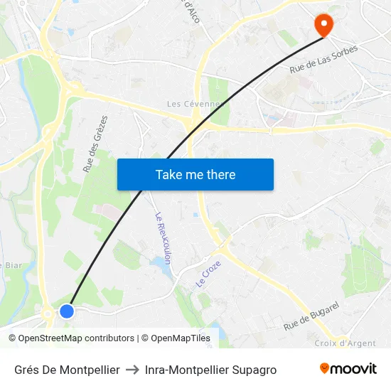 Grés De Montpellier to Inra-Montpellier Supagro map
