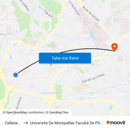 Celleneuve to Université De Montpellier Faculté De Pharmacie map