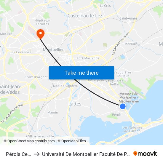 Pérols Centre to Université De Montpellier Faculté De Pharmacie map