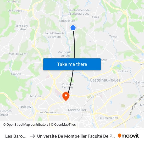 Les Baronnes to Université De Montpellier Faculté De Pharmacie map