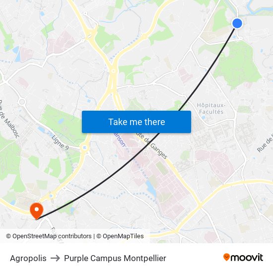 Agropolis to Purple Campus Montpellier map