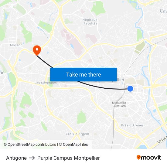 Antigone to Purple Campus Montpellier map