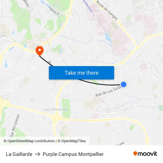 La Gaillarde to Purple Campus Montpellier map