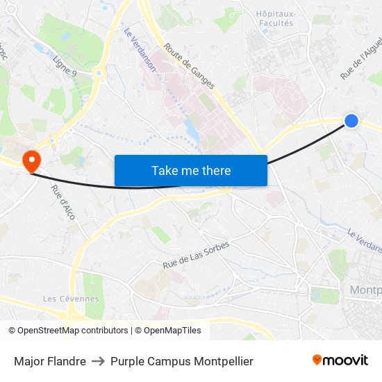 Major Flandre to Purple Campus Montpellier map