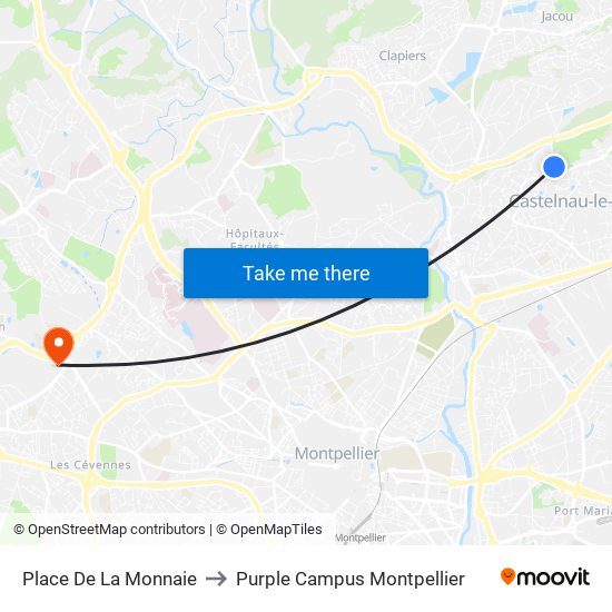 Place De La Monnaie to Purple Campus Montpellier map