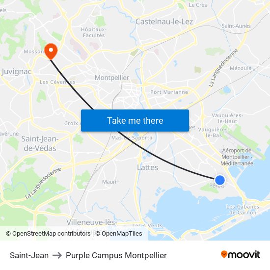 Saint-Jean to Purple Campus Montpellier map