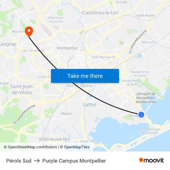 Pérols Sud to Purple Campus Montpellier map