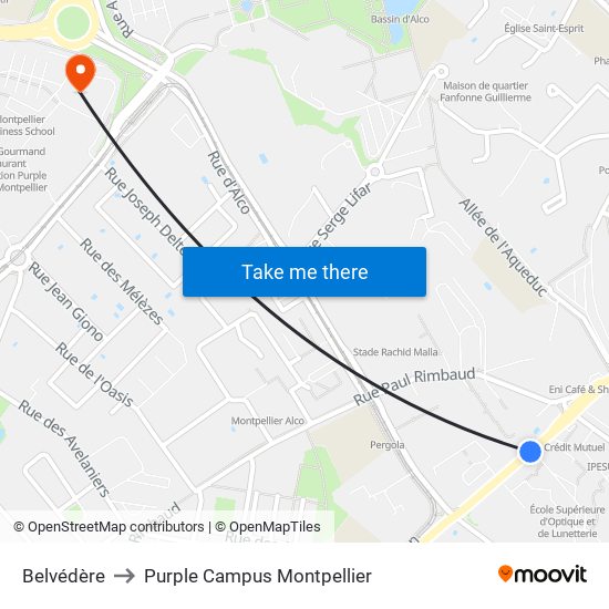 Belvédère to Purple Campus Montpellier map