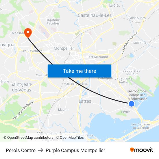 Pérols Centre to Purple Campus Montpellier map