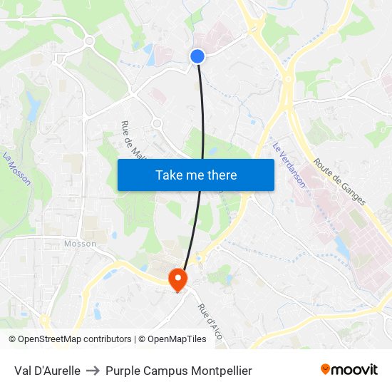 Val D'Aurelle to Purple Campus Montpellier map