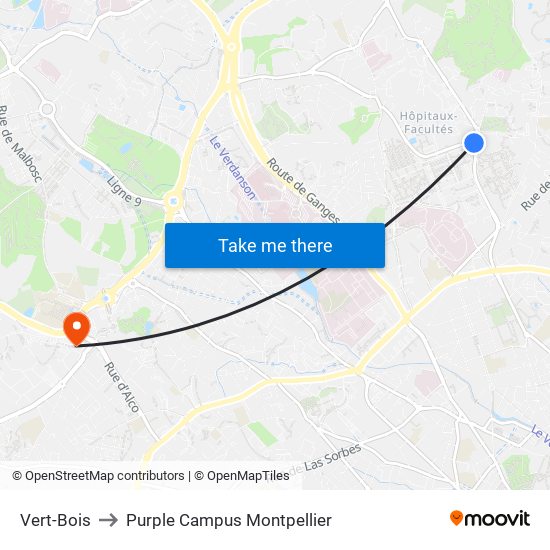 Vert-Bois to Purple Campus Montpellier map