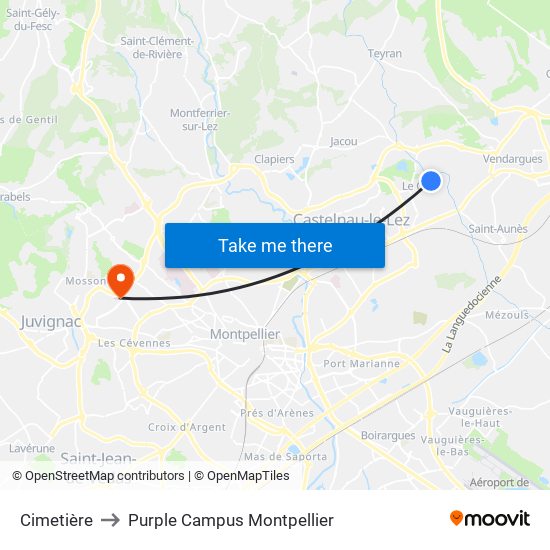 Cimetière to Purple Campus Montpellier map