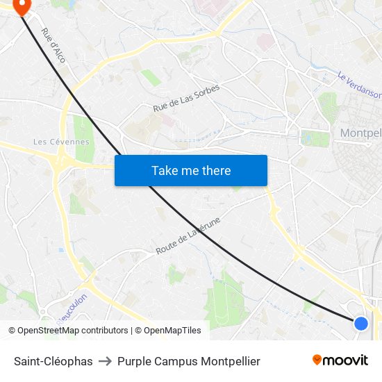 Saint-Cléophas to Purple Campus Montpellier map