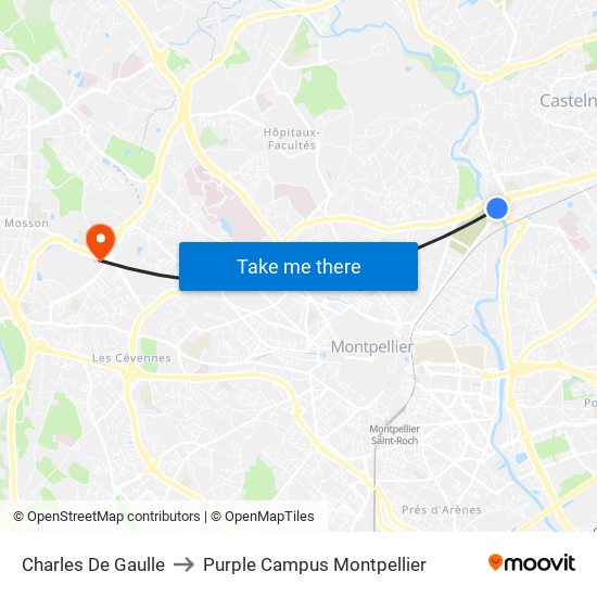 Charles De Gaulle to Purple Campus Montpellier map