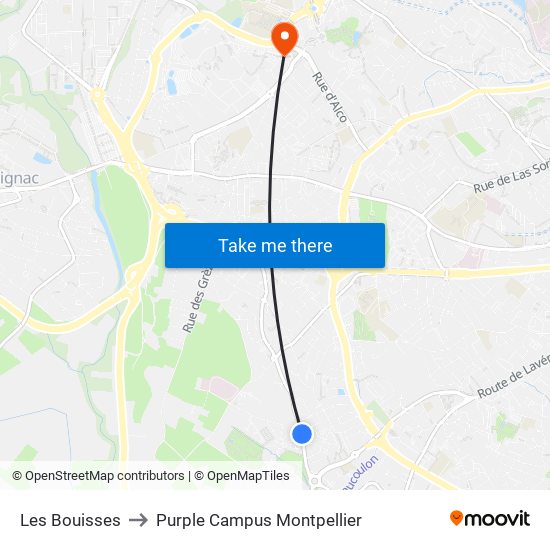 Les Bouisses to Purple Campus Montpellier map