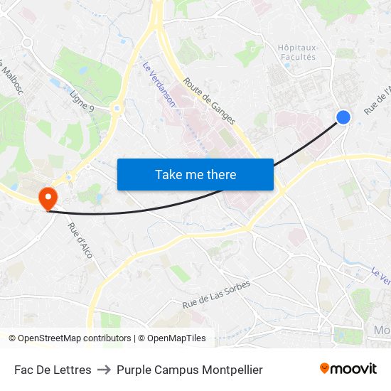 Fac De Lettres to Purple Campus Montpellier map