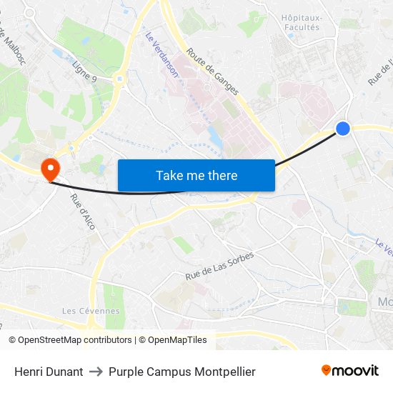 Henri Dunant to Purple Campus Montpellier map