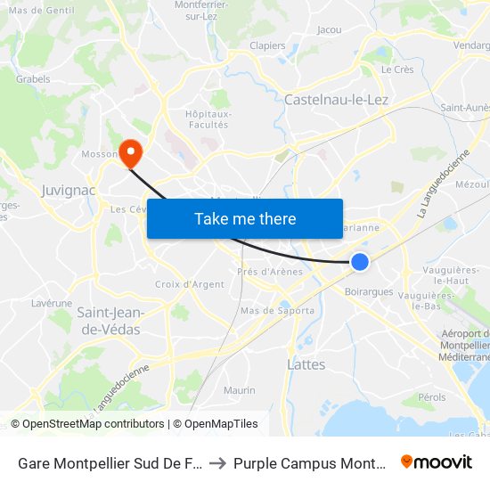 Gare Montpellier Sud De France to Purple Campus Montpellier map