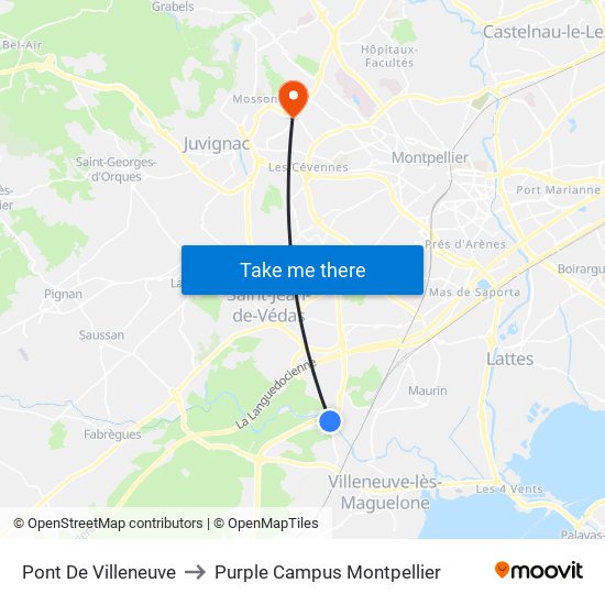 Pont De Villeneuve to Purple Campus Montpellier map