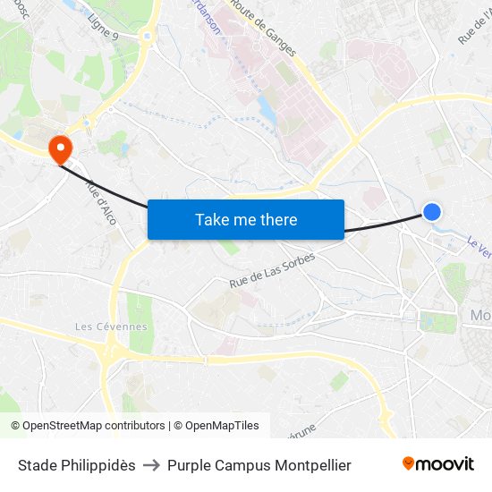 Stade Philippidès to Purple Campus Montpellier map