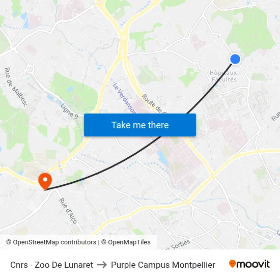 Cnrs - Zoo De Lunaret to Purple Campus Montpellier map