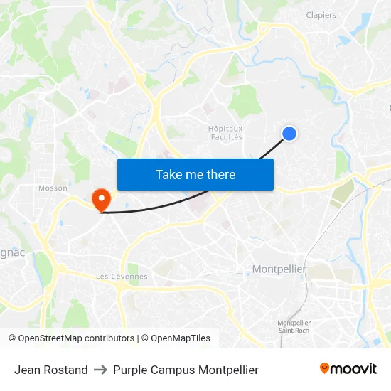 Jean Rostand to Purple Campus Montpellier map