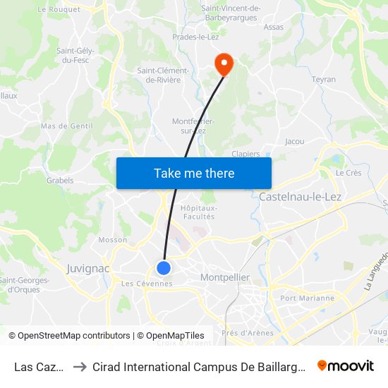 Las Cazes to Cirad International Campus De Baillarguet map