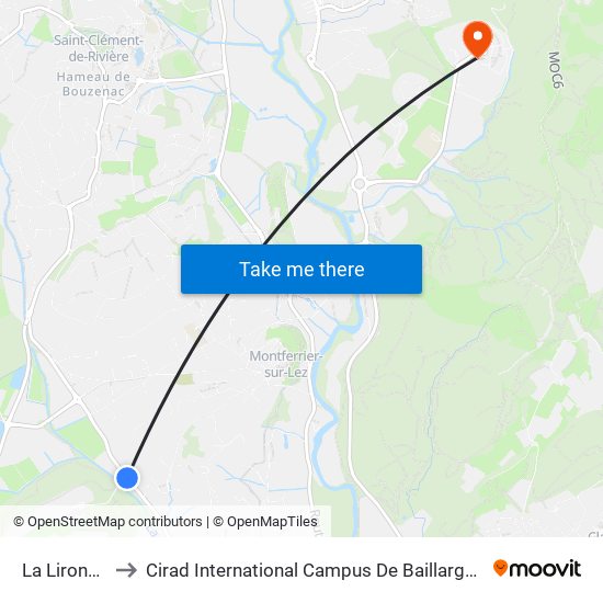 La Lironde to Cirad International Campus De Baillarguet map