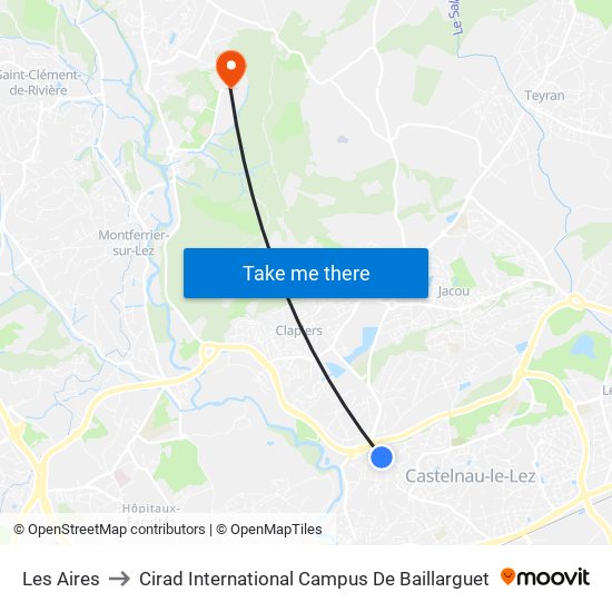 Les Aires to Cirad International Campus De Baillarguet map