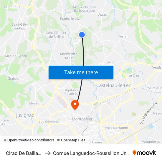Cirad De Baillarguet to Comue Languedoc-Roussillon Universités map