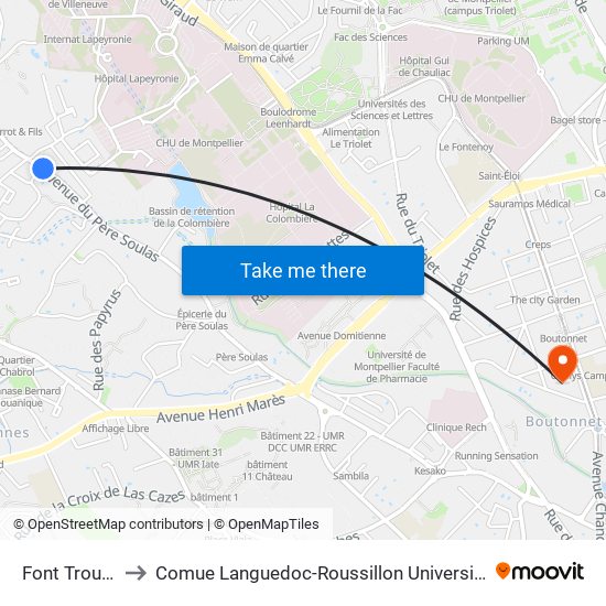 Font Trouvé to Comue Languedoc-Roussillon Universités map