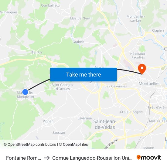 Fontaine Romaine to Comue Languedoc-Roussillon Universités map