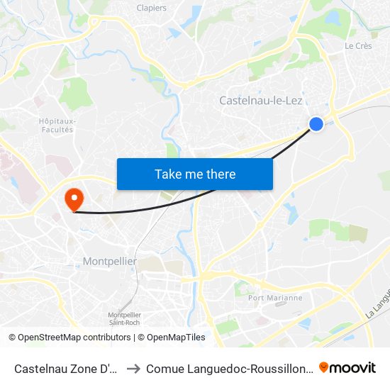 Castelnau Zone D'Activités to Comue Languedoc-Roussillon Universités map