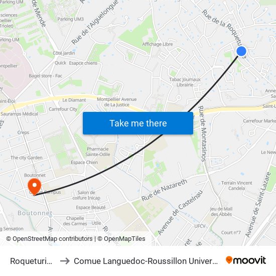 Roqueturière to Comue Languedoc-Roussillon Universités map