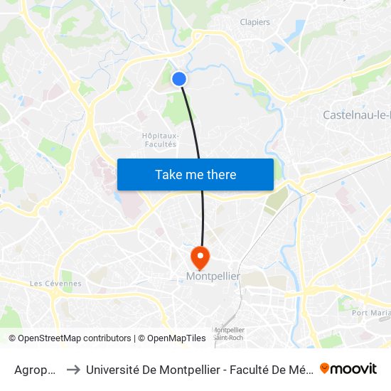 Agropolis to Université De Montpellier - Faculté De Médecine map