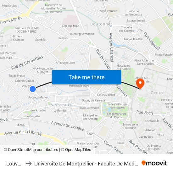 Louvain to Université De Montpellier - Faculté De Médecine map