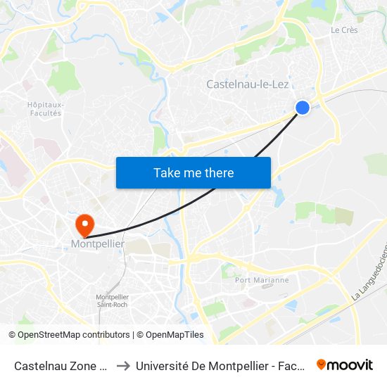 Castelnau Zone D'Activités to Université De Montpellier - Faculté De Médecine map