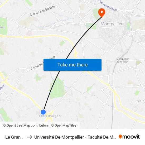 Le Grand M to Université De Montpellier - Faculté De Médecine map