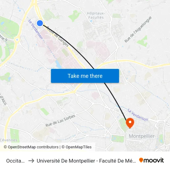 Occitanie to Université De Montpellier - Faculté De Médecine map