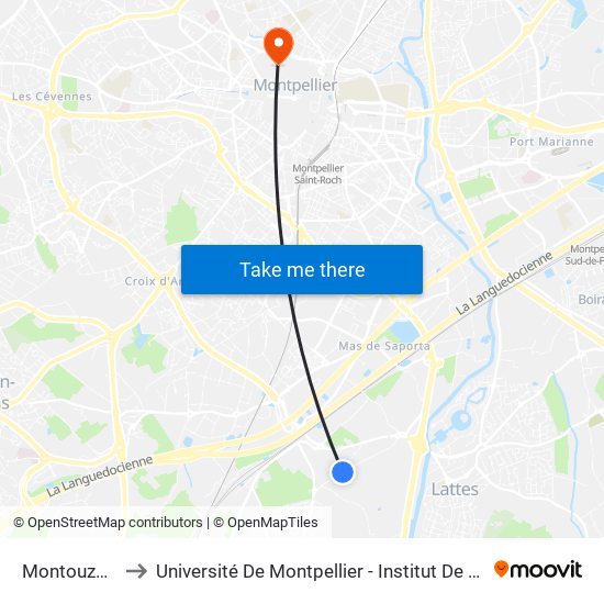 Montouzères to Université De Montpellier - Institut De Biologie map