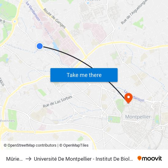 Mûriers to Université De Montpellier - Institut De Biologie map