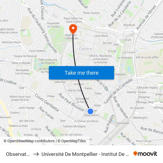 Observatoire to Université De Montpellier - Institut De Biologie map