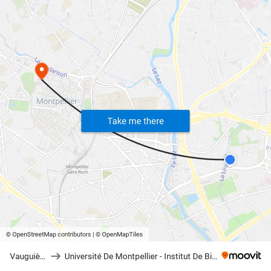 Vauguières to Université De Montpellier - Institut De Biologie map