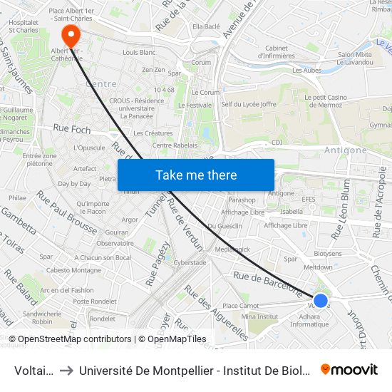 Voltaire to Université De Montpellier - Institut De Biologie map