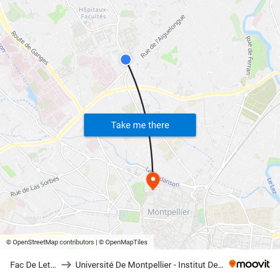 Fac De Lettres to Université De Montpellier - Institut De Biologie map